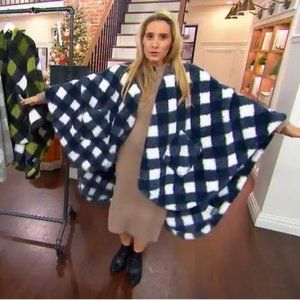 Berkshire Blanket Buffalo Plaid Double Sided Sherpa Cape-Navy